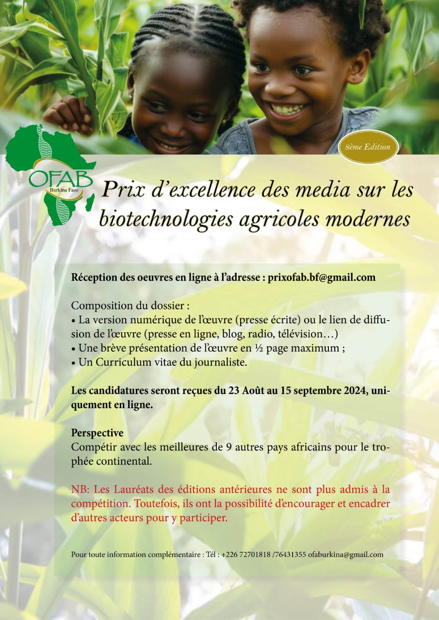 8ème édition OFAB Burkina Faso : Appel à candidature Prix d'excellence des media sur les biotechnologies agricoles modernes