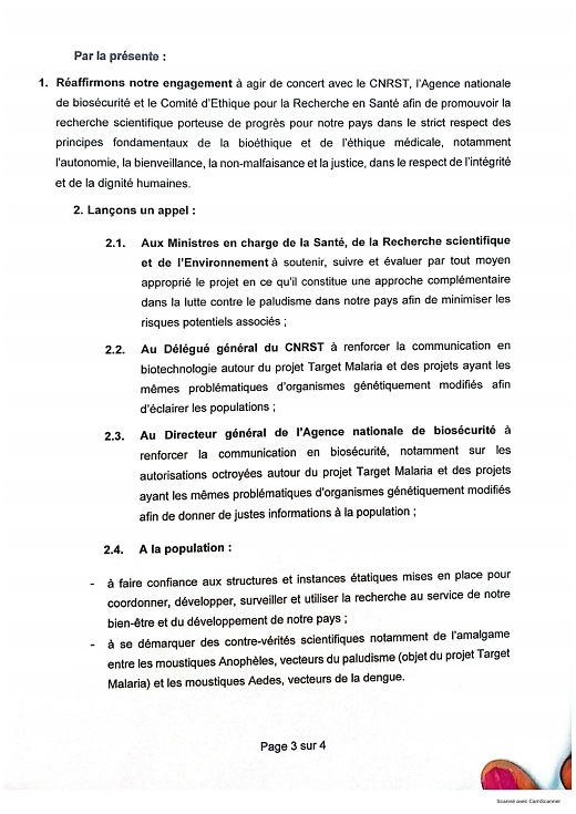 Déclaration de l'ANSAL-BF sur les moustiques GM et Target Malaria