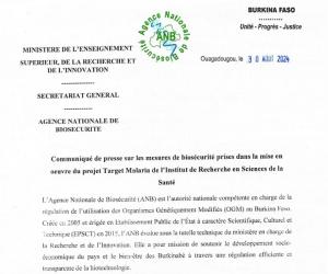 Agence Nationale de Biosécurité : Communiqué de presse sur les mesures de biosécurité prises dans la mise en œuvre du projet Target Malaria de l'Institut de Recherche en Sciences de la Santé